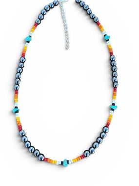 Turquoise Chip and Hematite Beaded Choker Necklace - Multicolor Accent